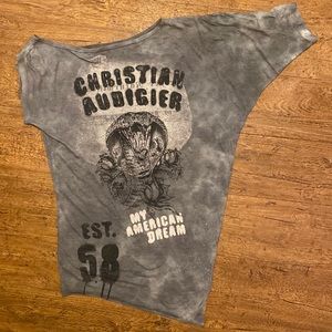 Christian Audigier Asymmetrical Sleeves My American Dream Dark Gray Graphic Tee